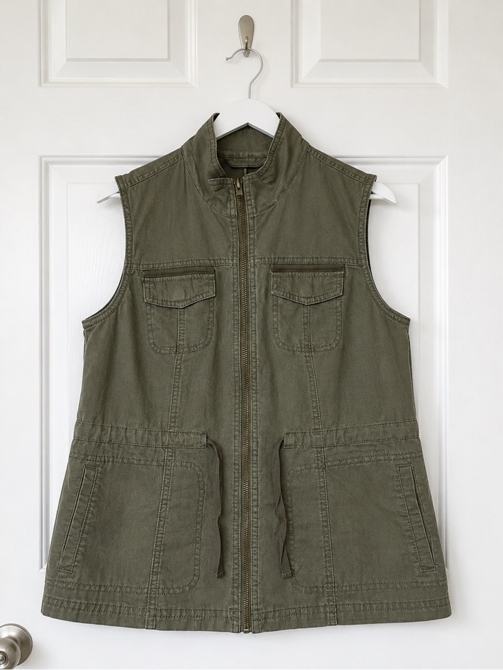A New Day Olive Green Utility Vest Zip Front Military Cargo Drawstring Waist Siz